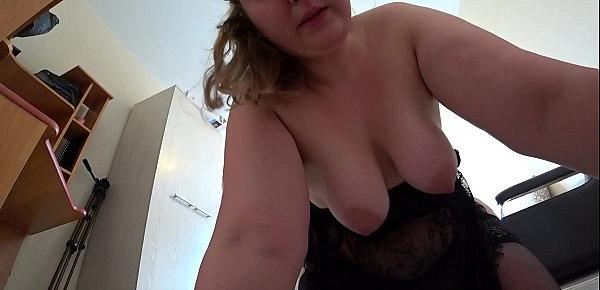  A beautiful bbw removes wet panties and jumps on a huge dildo, her big booty shakes and natural tits swing.